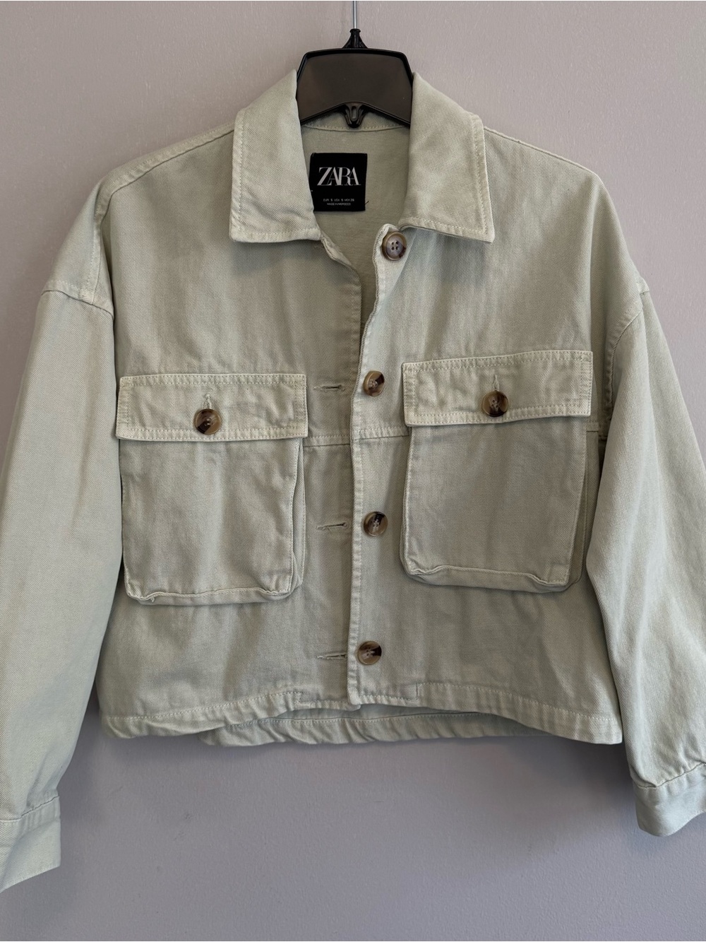 Zara Oversized Modern Boxy Pale Sage Green Denim Jacket Minimalist Structured S